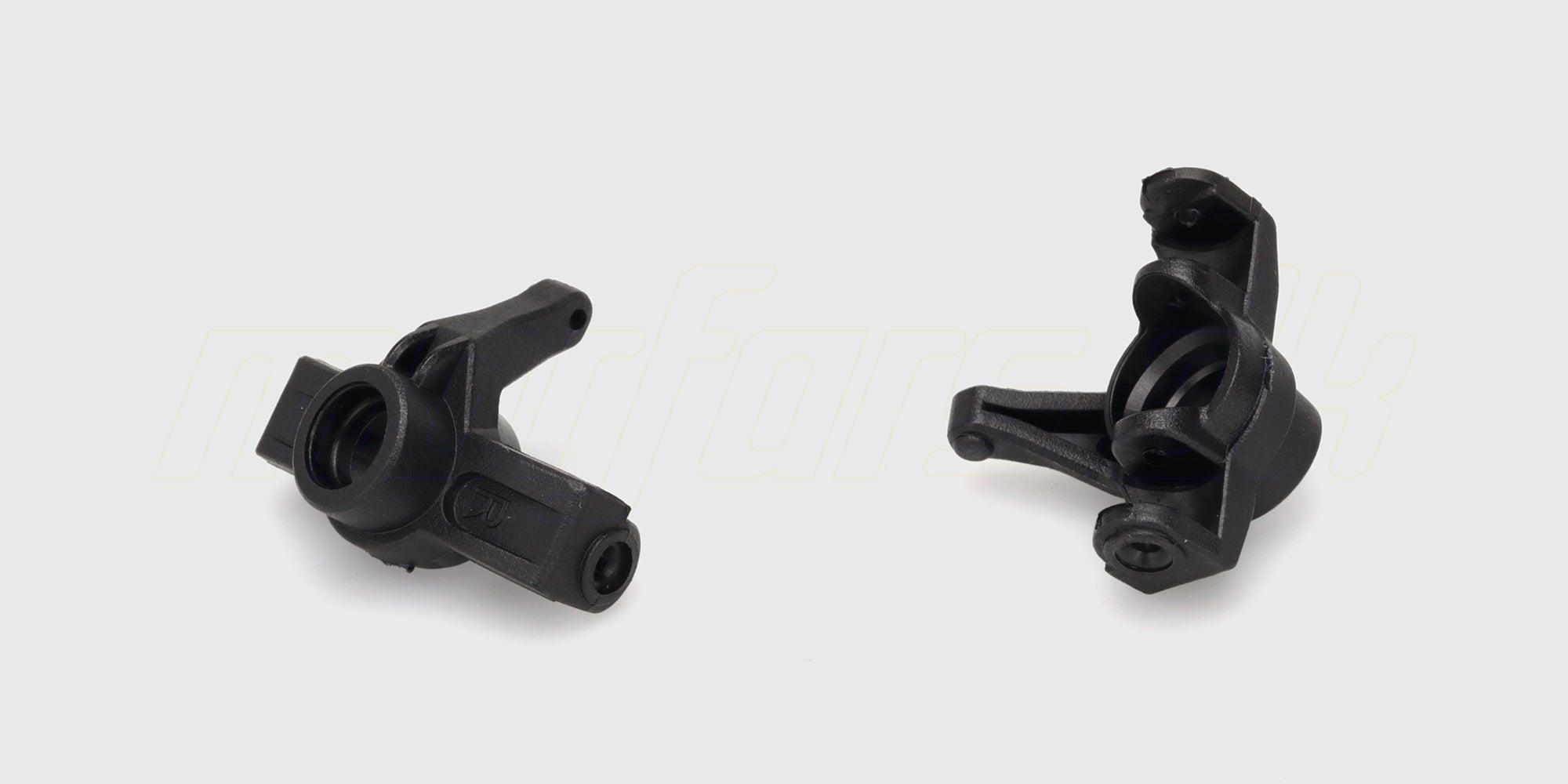 To sorte HyperGo steering blocks i robust plast til MJX fjernstyret bil vist på en hvid baggrund.