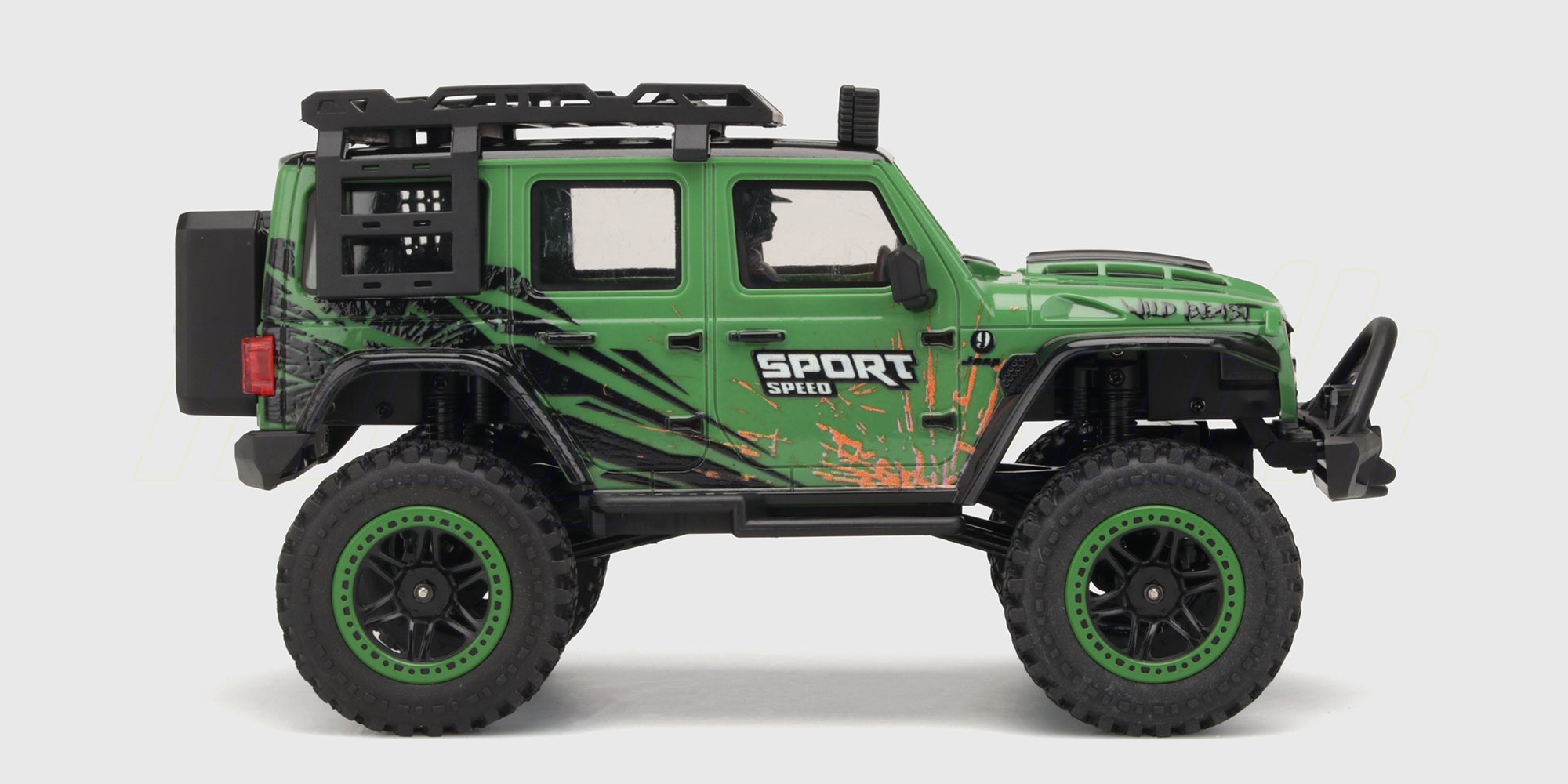 Wild Beast Mini Crawler fjernstyret bil i gul med store terrængående dæk set fra siden på hvid baggrund.