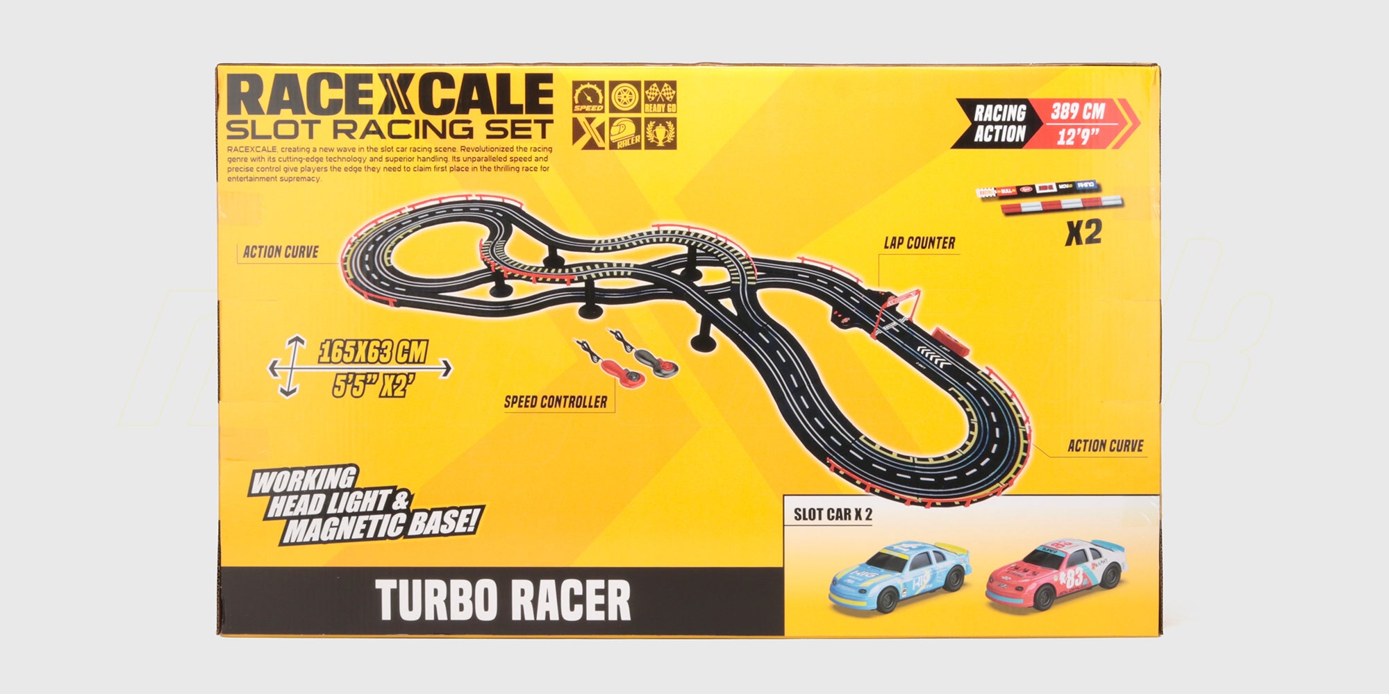 Muscle Mania racerbane med to seje muskelbiler, loops og broer til tempofyldt leg.