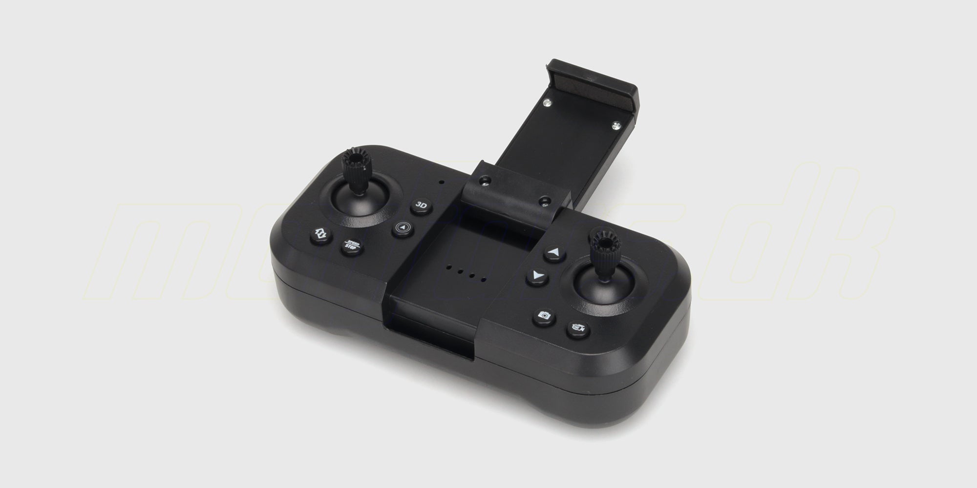 Sort fjernbetjening med hvide knapper og joystick til Drone Recon XV1 pÄ hvid baggrund.