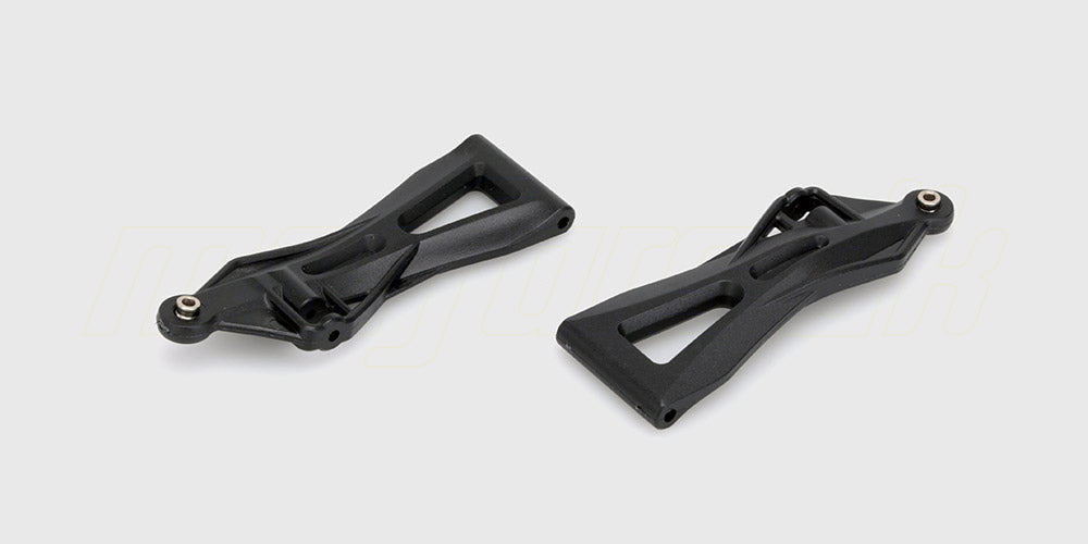 Sort front lower arm bærearm i plast til Spirit XL fjernstyret bil vist på en hvid baggrund.