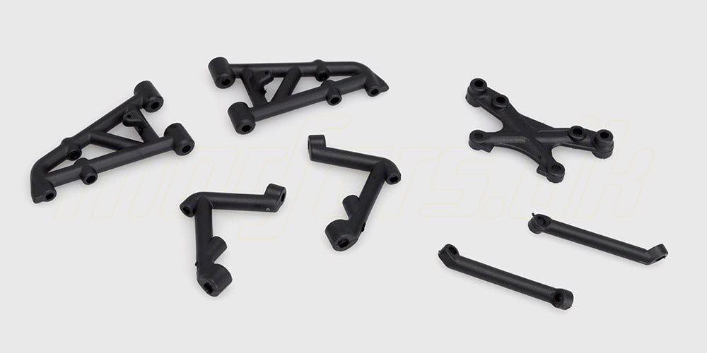 Sorte Vortex brace parts plastikreservedele til fjernstyret bil vist på en hvid baggrund.