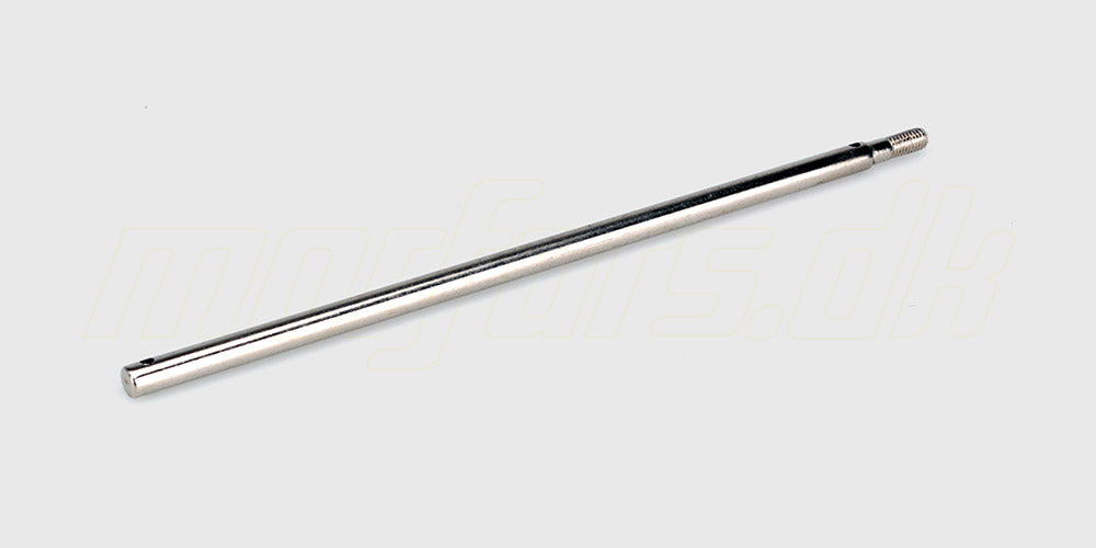 To sorte driveshaft long rear trækaksler i metal til fjernstyret bil vist på hvid baggrund.