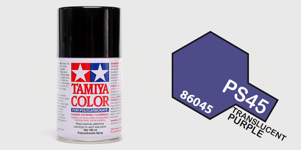 Tamiya Color PS-45 spraymaling i gennemsigtig lilla til polycarbonat karosserier på fjernstyrede biler.