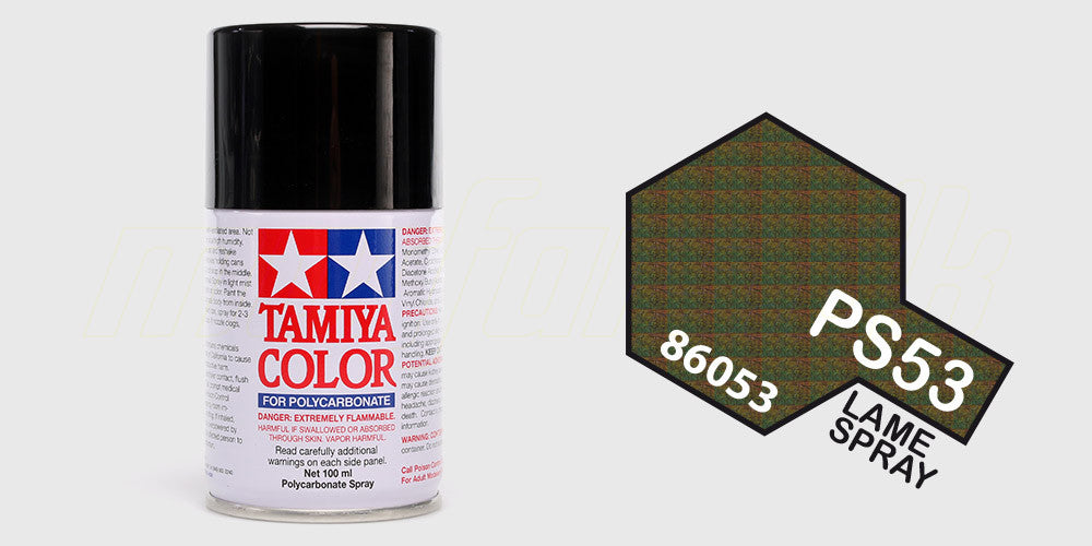 Spraydåse med Tamiya Color PS-53 Lame Flake lexanmaling til gennemsigtige fjernstyrede karrosserier.