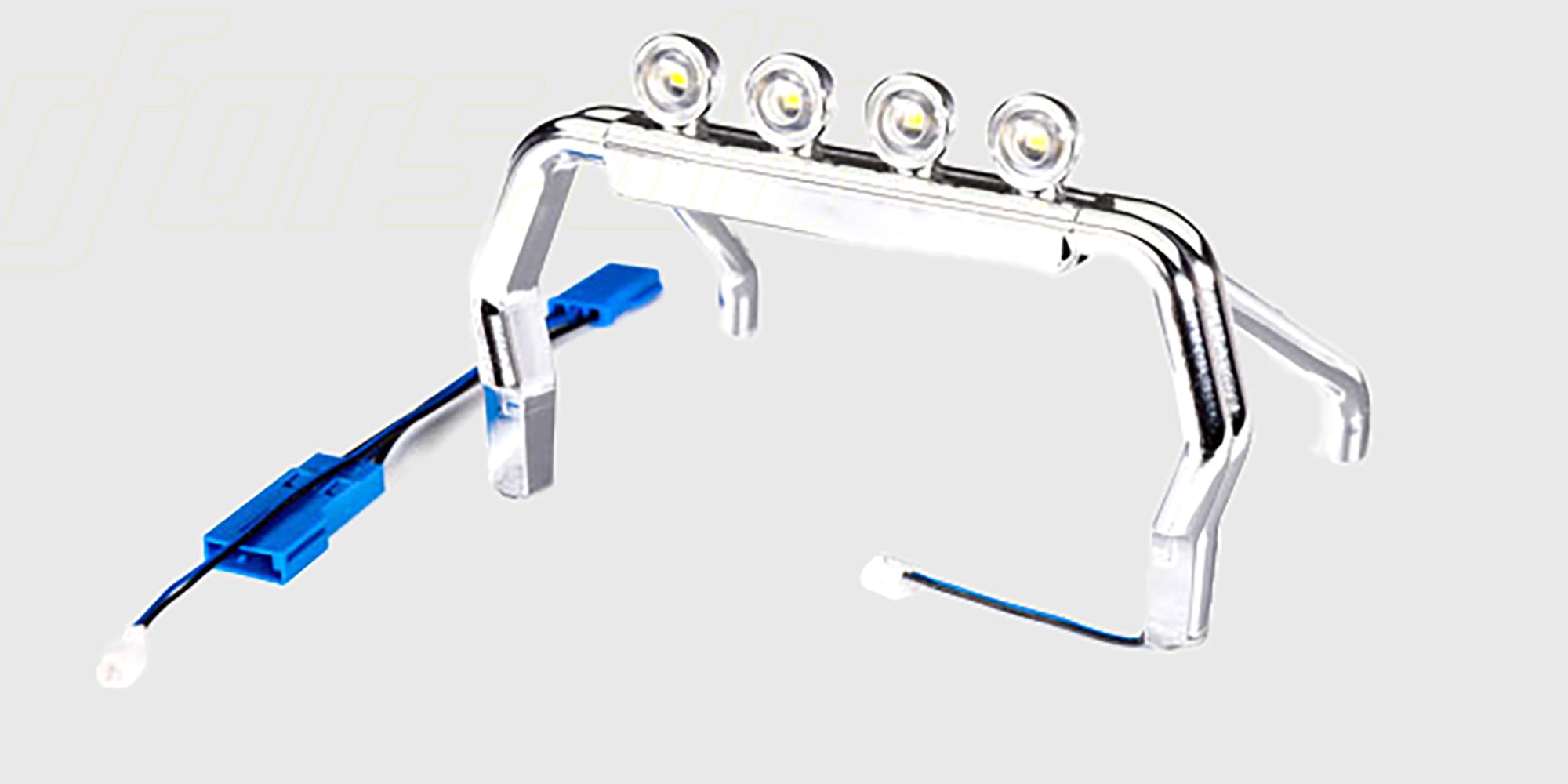 Sort roll bar med indbyggede LED-lys til Traxxas TRX-4M fjernstyret bil monteret på et blåt karrosseri.