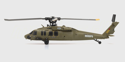 Rød og sort Top Hunter fjernstyret helikopter med detaljeret cockpit og landingsstel vist forfra.