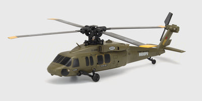 Rød og sort Top Hunter fjernstyret helikopter med detaljeret cockpit og landingsstel vist fra siden.