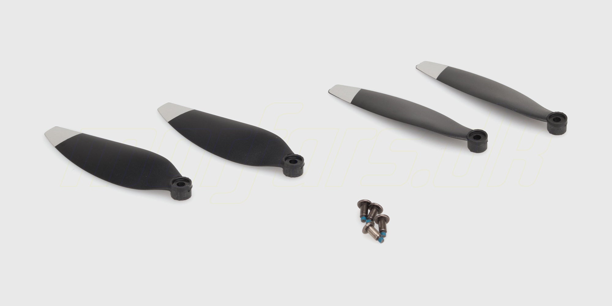 Sæt med fire sorte propeller til Drone XY02 Brushless vist på hvid baggrund.