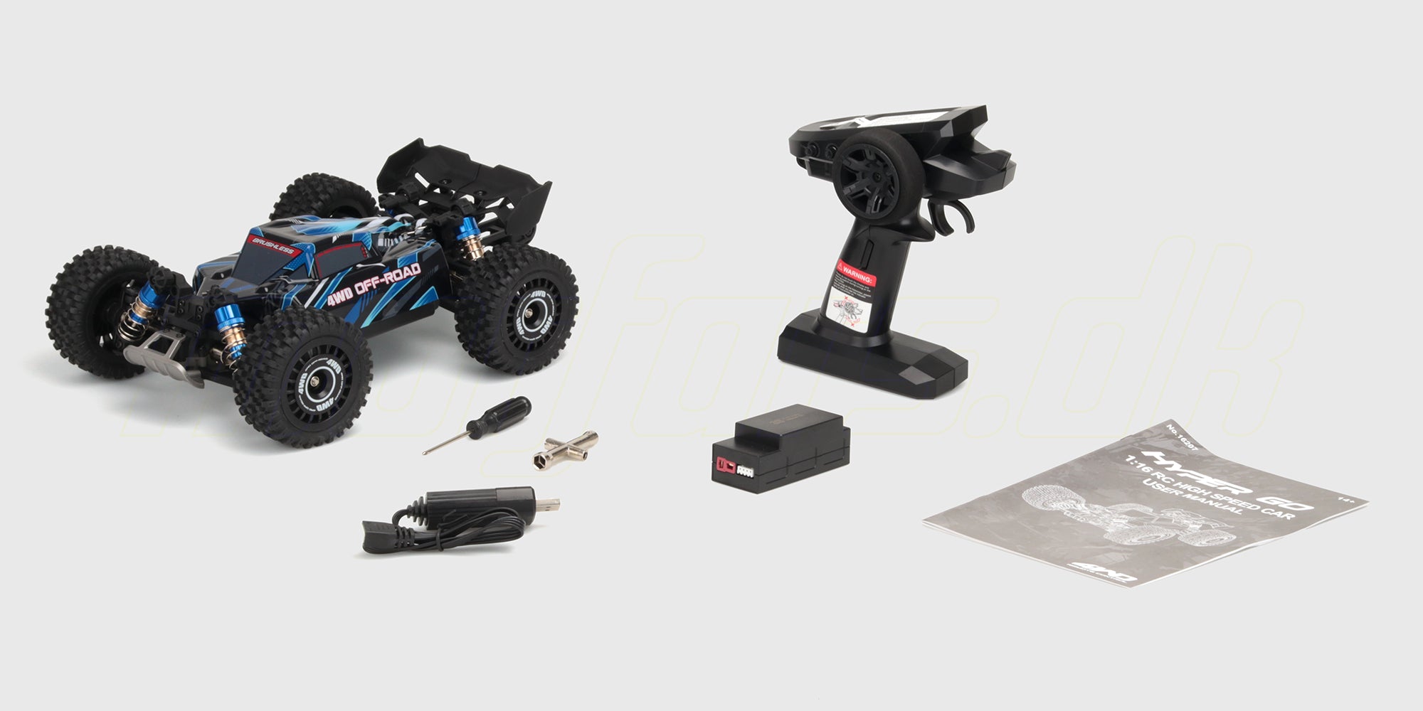 HyperGo Buggy 3S fjernstyret bil i rød og hvid med store offroad dæk vist fra siden på en hvid baggrund.