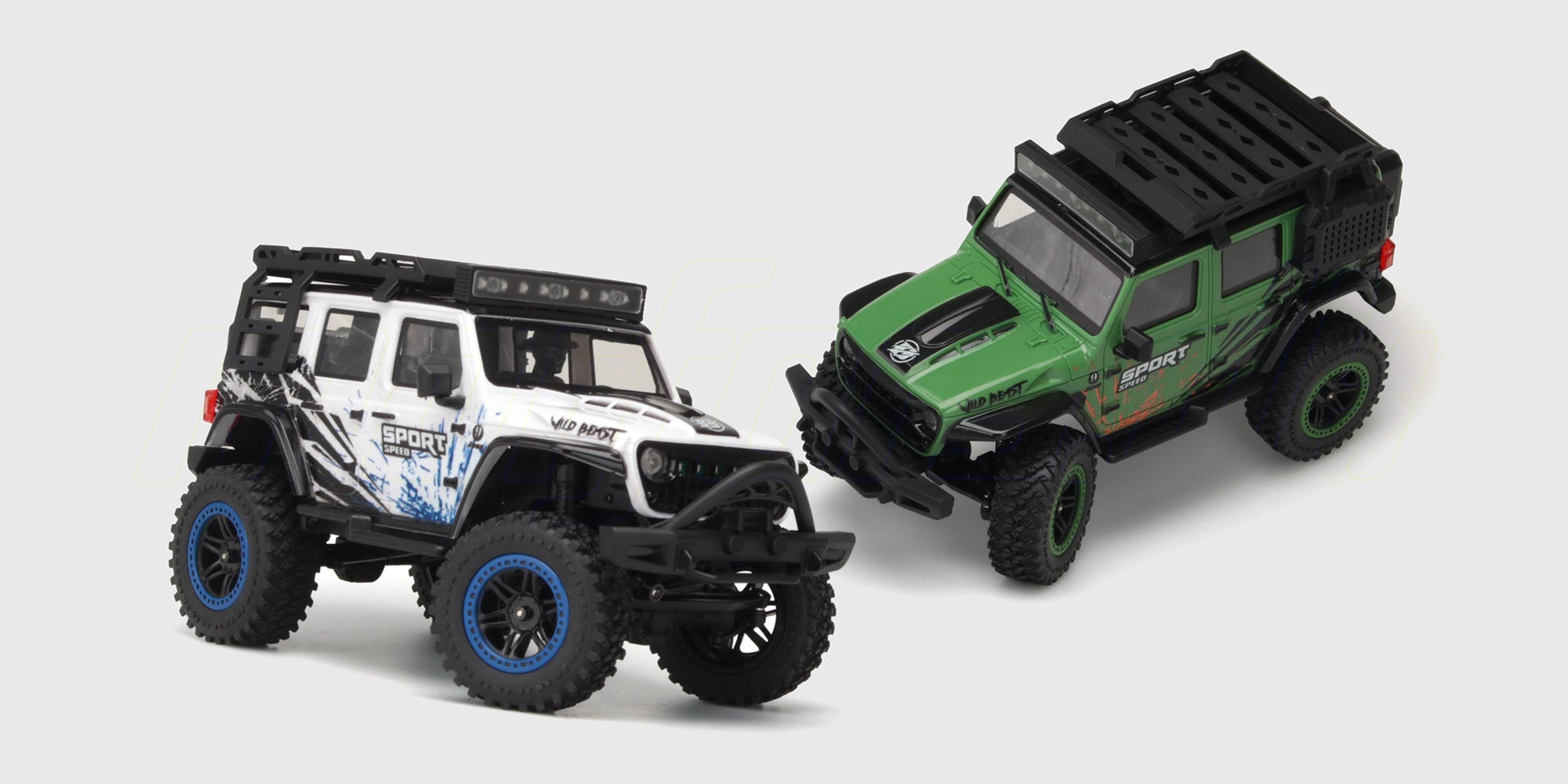 Wild Beast Mini Crawler fjernstyret bil i blå med store offroad dæk vist på hvid baggrund.