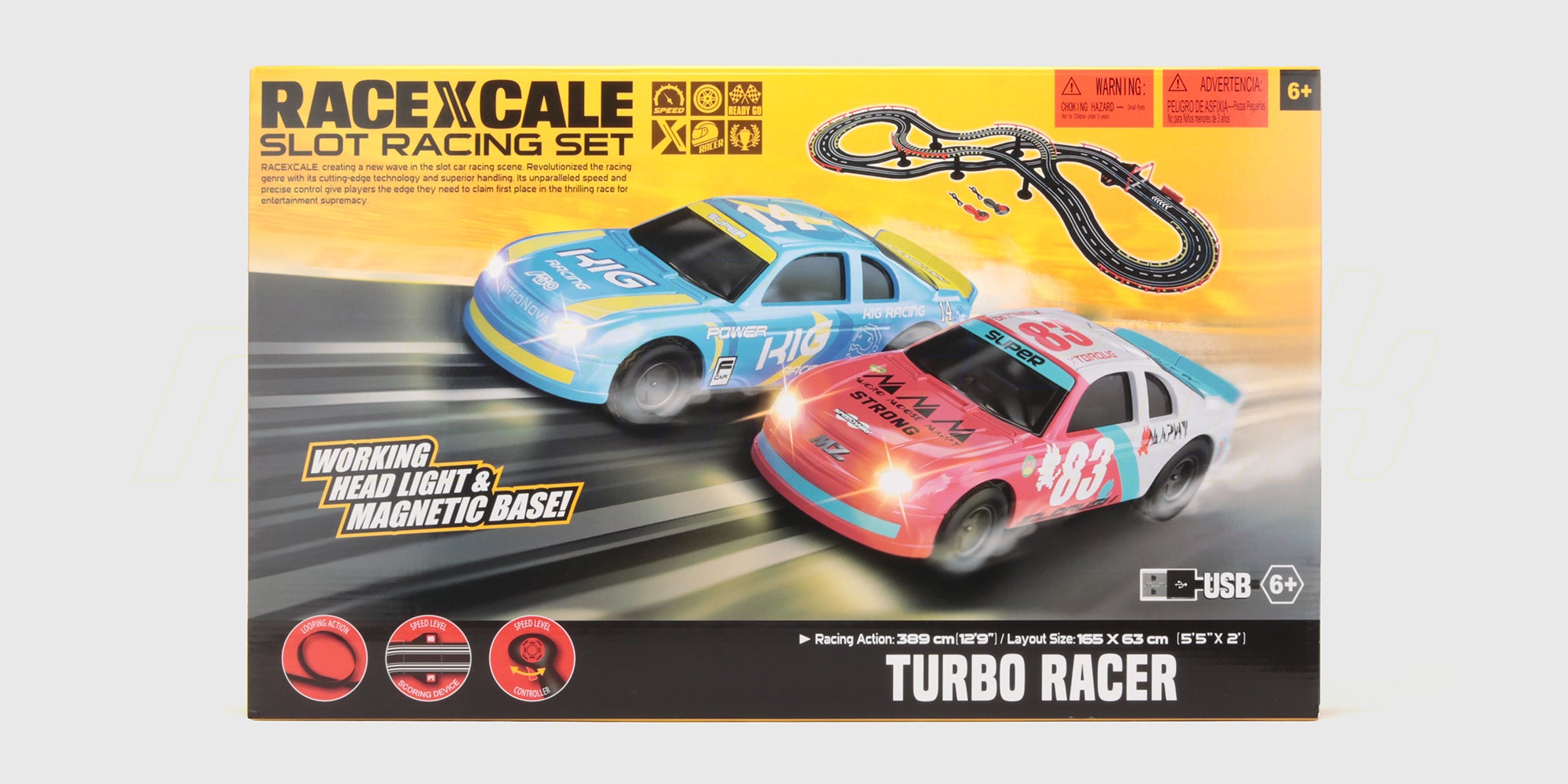 To seje muscle cars dyster på den sorte Muscle Mania racerbane med skarpe sving og loops.