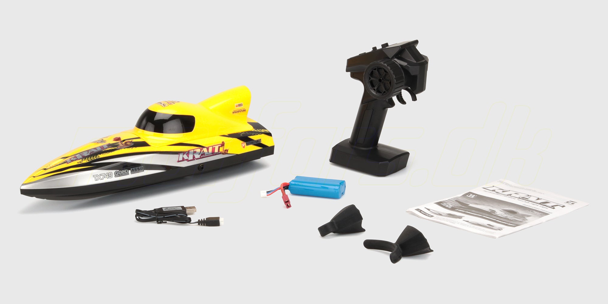 Krait brushless racingbåd med strømlinet design og kraftfuld motor til hurtigt ræs på vandet.
