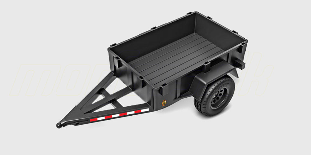 Sort Traxxas TRX-4M Utility Trailer med detaljerede hjul og robust lad til fjernstyret bil.