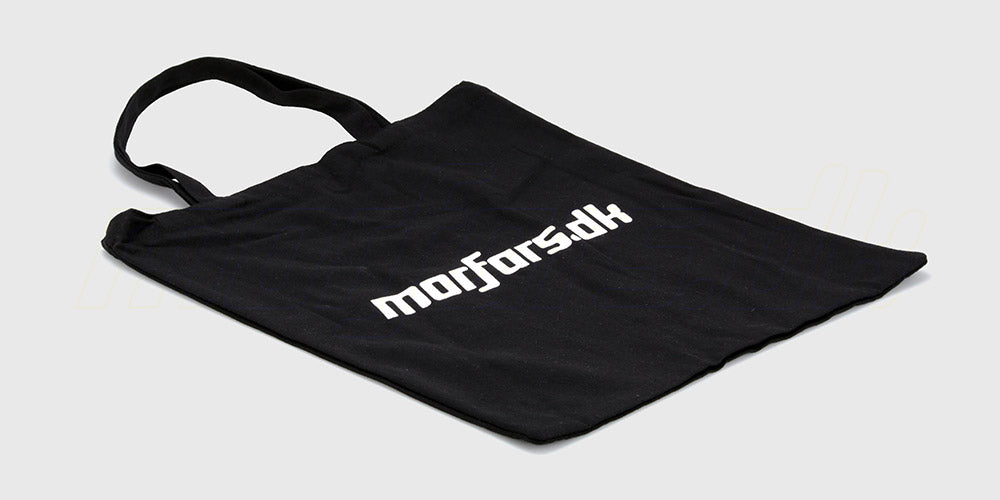 Sort Morfars.dk mulepose i stof med hvidt logo vist på en hvid baggrund.