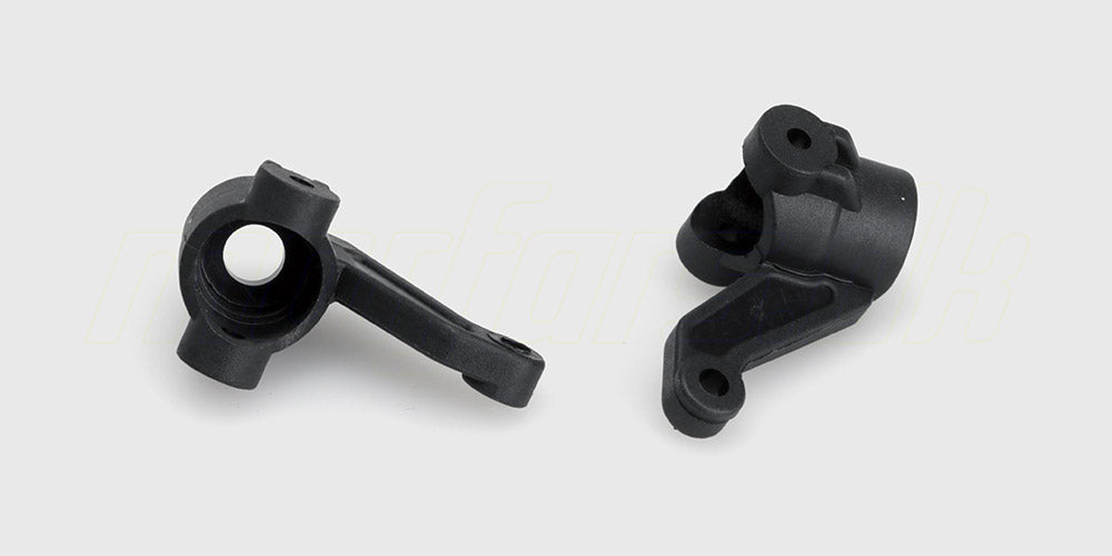 To sorte Vortex Steering Hubs styrespindler i plast til fjernstyret bil vist på en hvid baggrund.