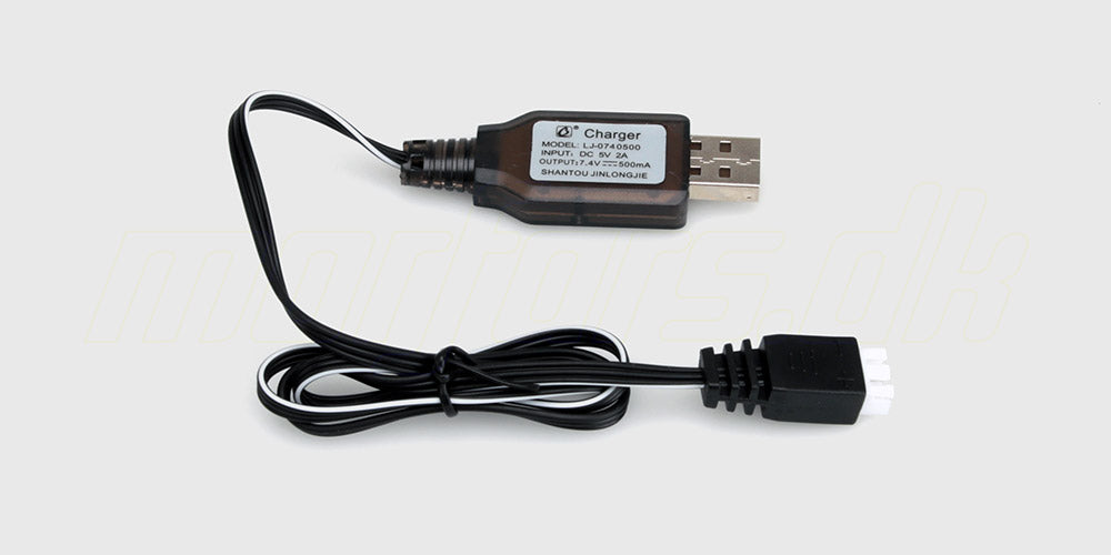 Sort USB-oplader med hvidt stik til opladning af batterier til fjernstyrede biler.