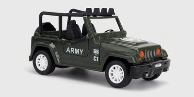 Grøn militærfarvet fjernstyret Army Jeep med terrængående dæk og robust karosseri til børn.