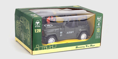 Grøn militærfarvet Army Jeep fjernstyret bil med realistiske detaljer til offroad kørsel.