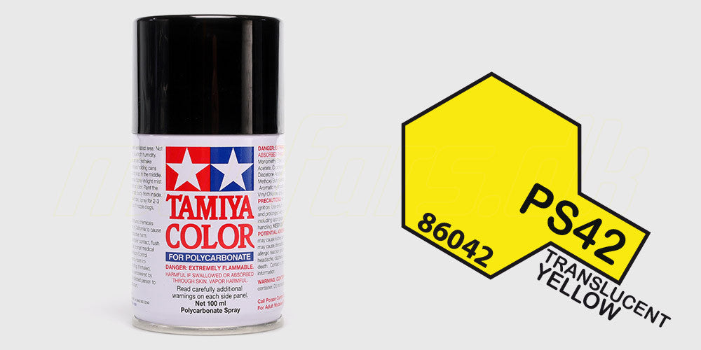 Tamiya Color PS-42 Translucent Yellow spraymaling til polycarbonate karosserier på fjernstyrede biler.