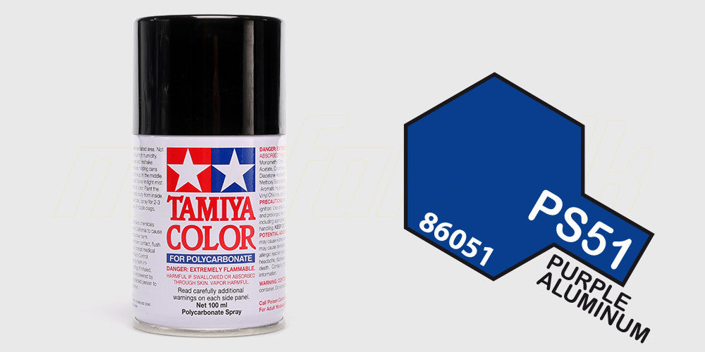 Tamiya Color PS-51 spraymaling i lilla anodiseret aluminium til lakering af polykarbonat karosserier.
